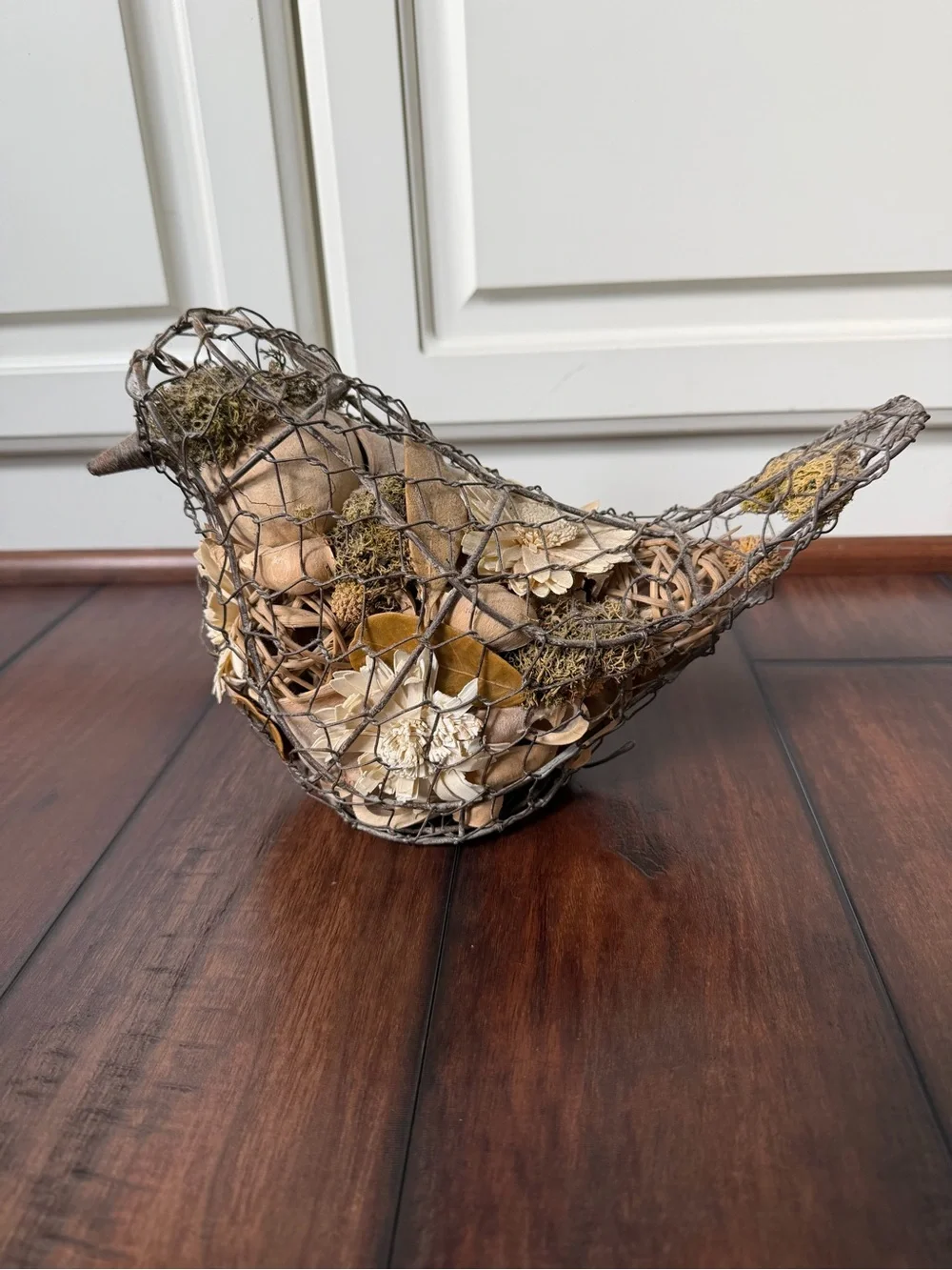 Wire Bird Decorative Sculpture with Cream & Tan Floral Accents